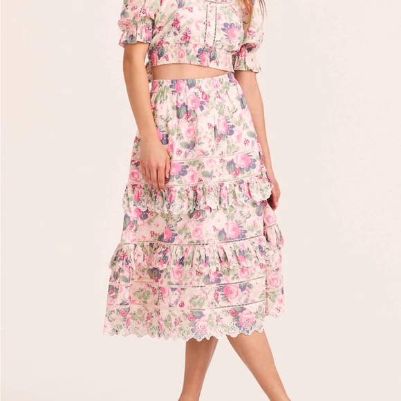 LOVESHACKFANCYNaila tiered crochet-trimmed floral-print cotton-voile midi skirt